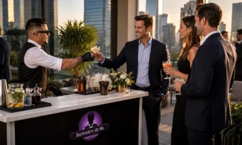 Professional corporate event mobile bar setup with premium glassware