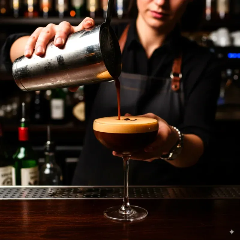 Bartender preparing a Espresso Martini cocktail with professional skill and tools